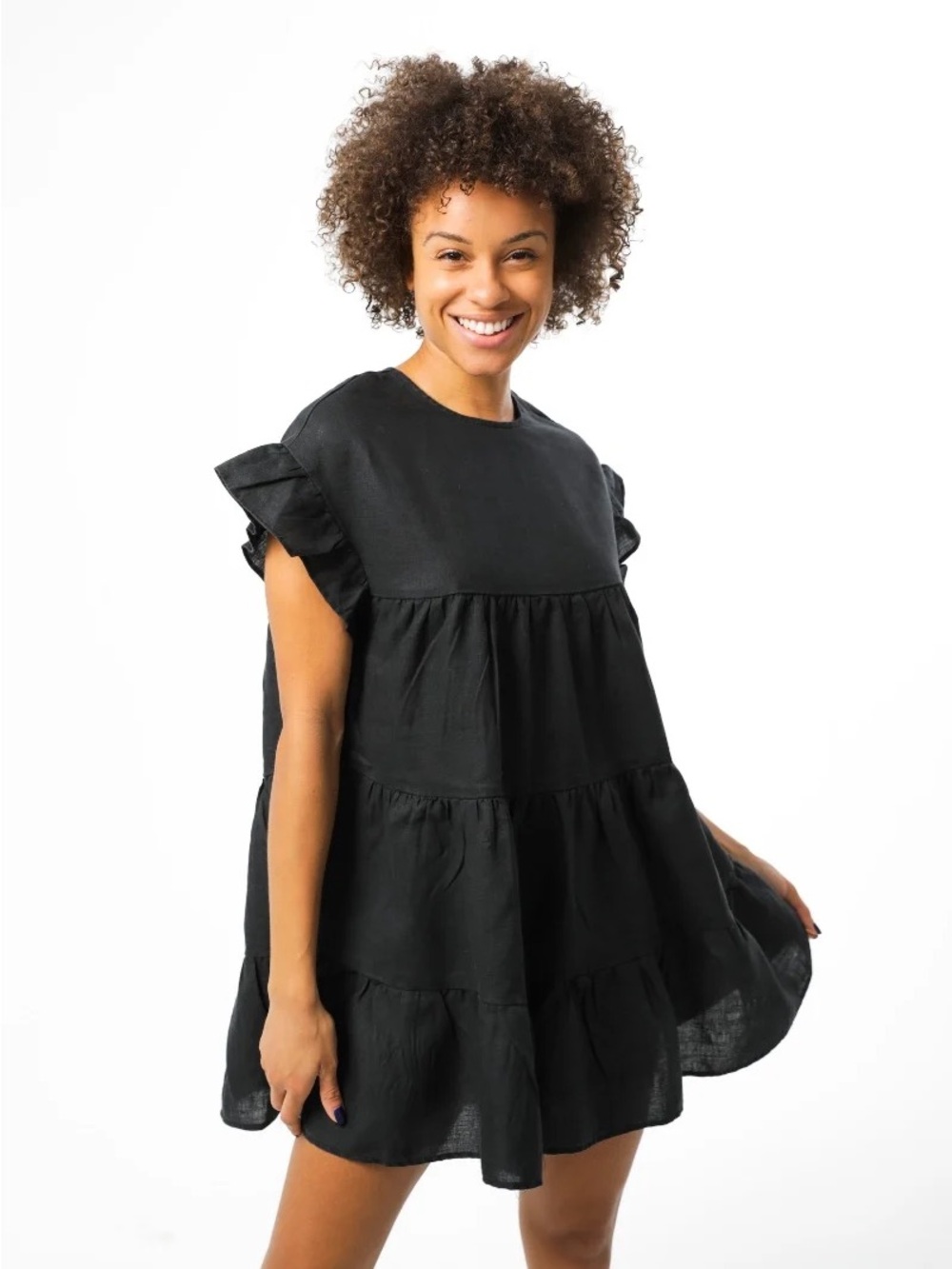 Lanhtropy Sun Tiered Mini Dress Black One Size Fits Most Linen
